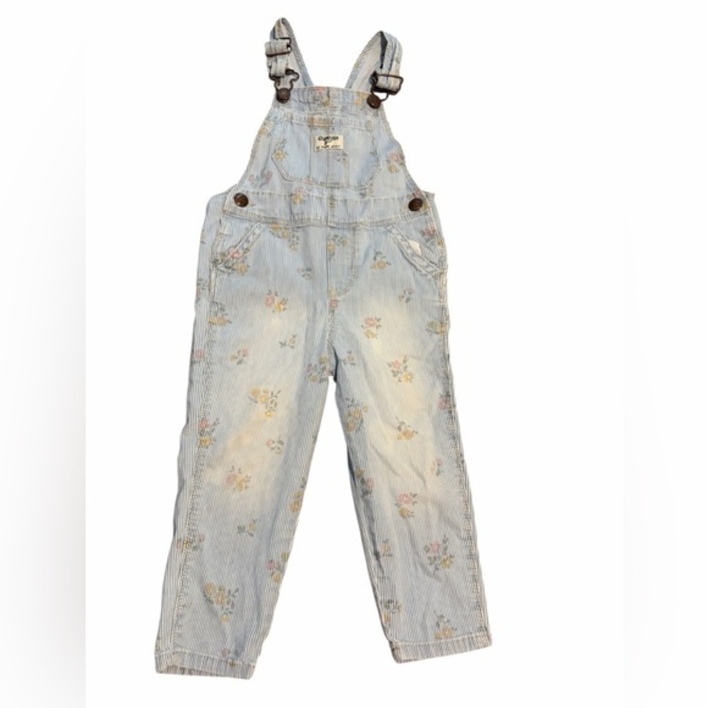 OshKosh B'gosh Light Blue Striped Overalls with Pastel Floral Print - Picture 1 of 7